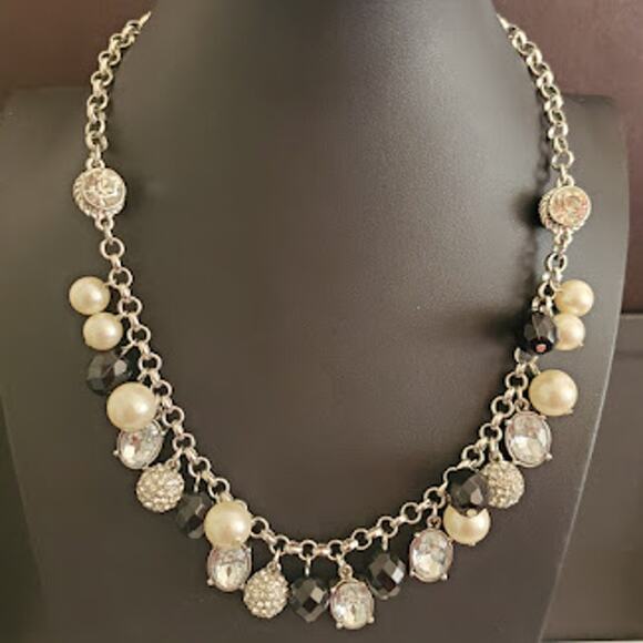 Ann Taylor Necklace with Rhinestones Faux Pearls‎ and Black Beads Silver Tone - Picture 1 of 6